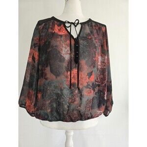 Sheer Women's Goth Rose Blouse Black Size XL Gothic Tie Front Neck Boho Shirt